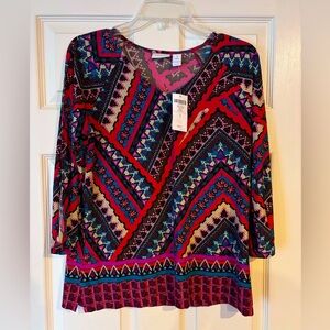 CHICOS SZ 1 SMALL AZTEC PRINT STRETCH Cold Shoulder WOMEN Top 5% Spandex